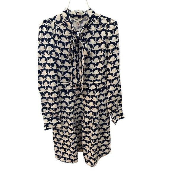 NWT Women's Boden Tie Neck Short Dress French Navy + White Swan Print Size 6R - Picture 7 of 9